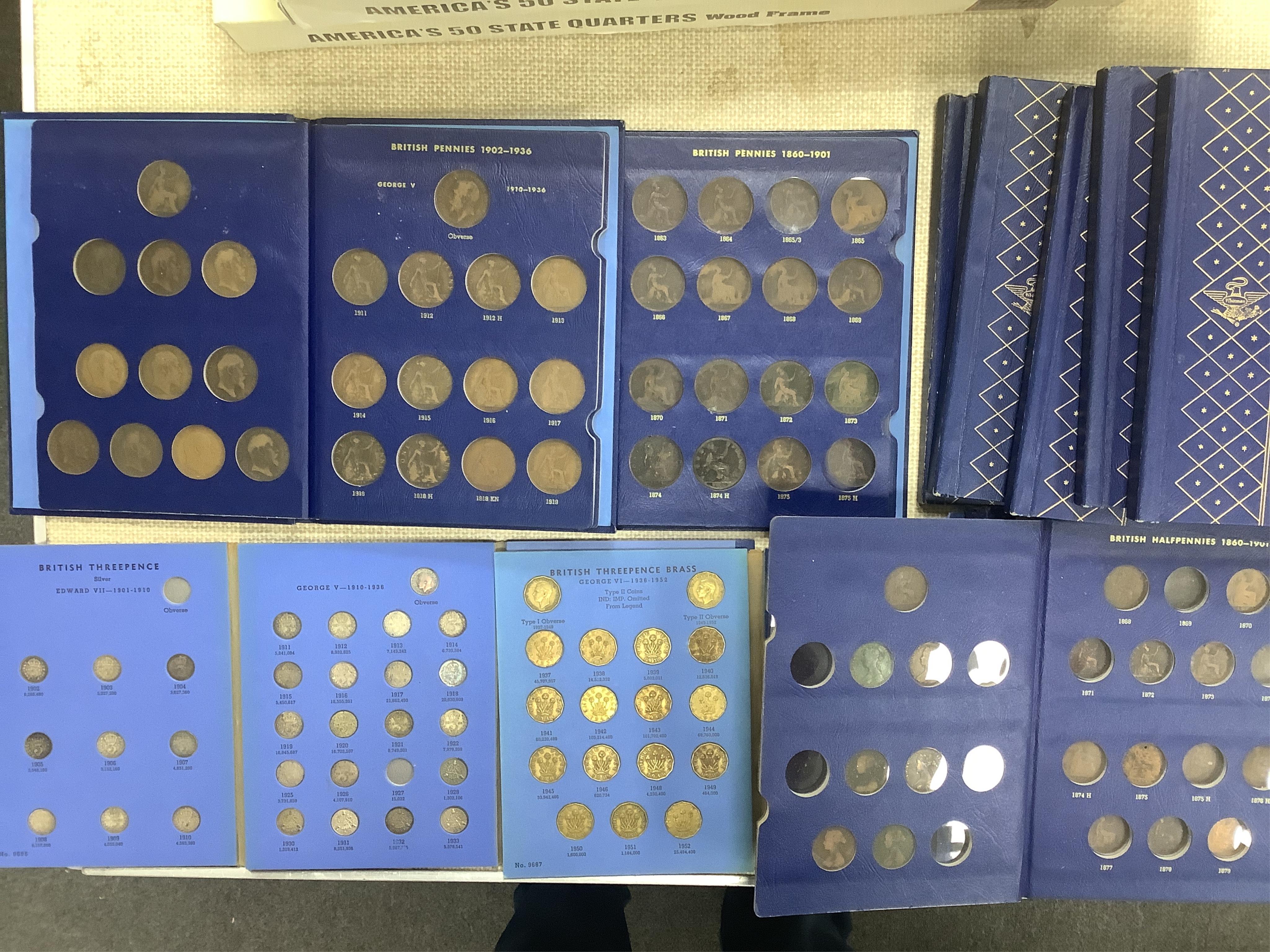 British coins, Victoria to Elizabeth II, farthings, halfpennies, pennies and three pence coins including scarce 1946 and 1949 brass threepence, both fine